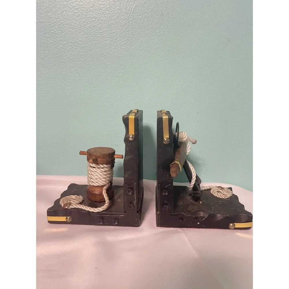 Vintage Nautical Wood Maritime Carved Black Bookends 2PC Bin‎ P
